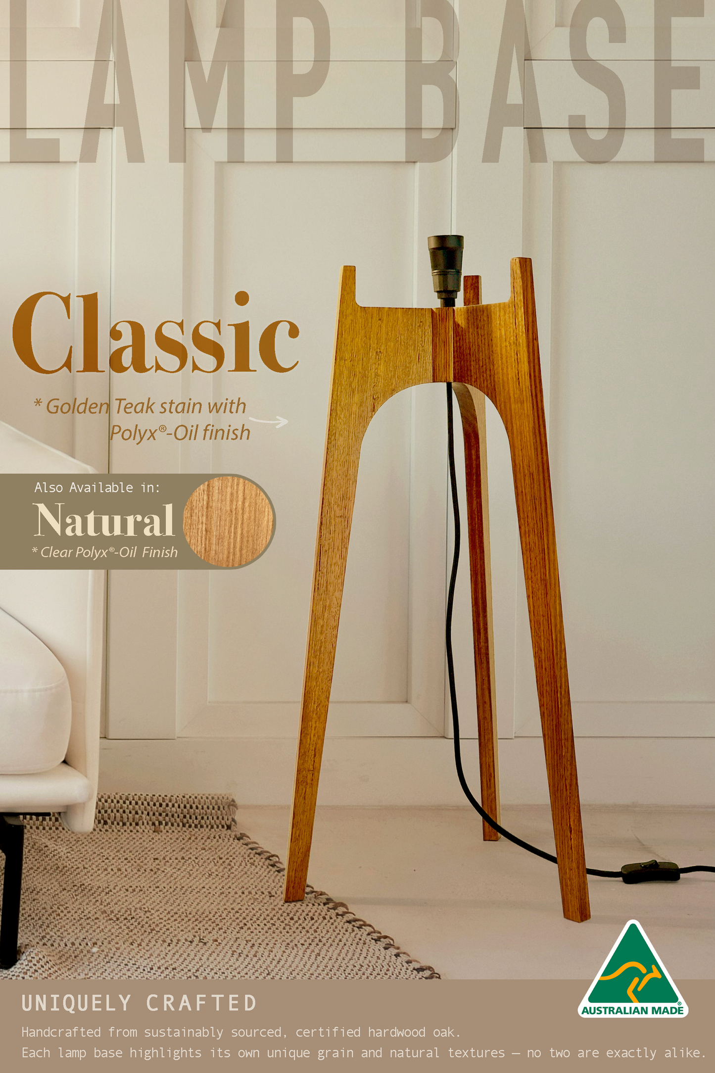 Archie Rocket Floor Lamp Base - Available in Classic Golden Teak Stain & Polyx Oil Finish and Natural Oak in Clear Polyx Oil Finish