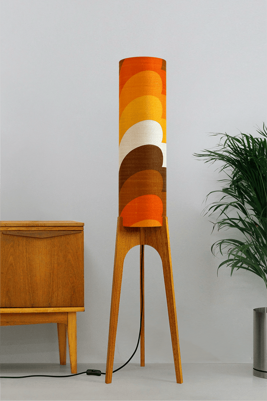 Bobby - Handcrafted wooden Rocket floor lamp with a unique design, handmade lampshade from 70's vintage fabric in Orange, Yellow & Brown