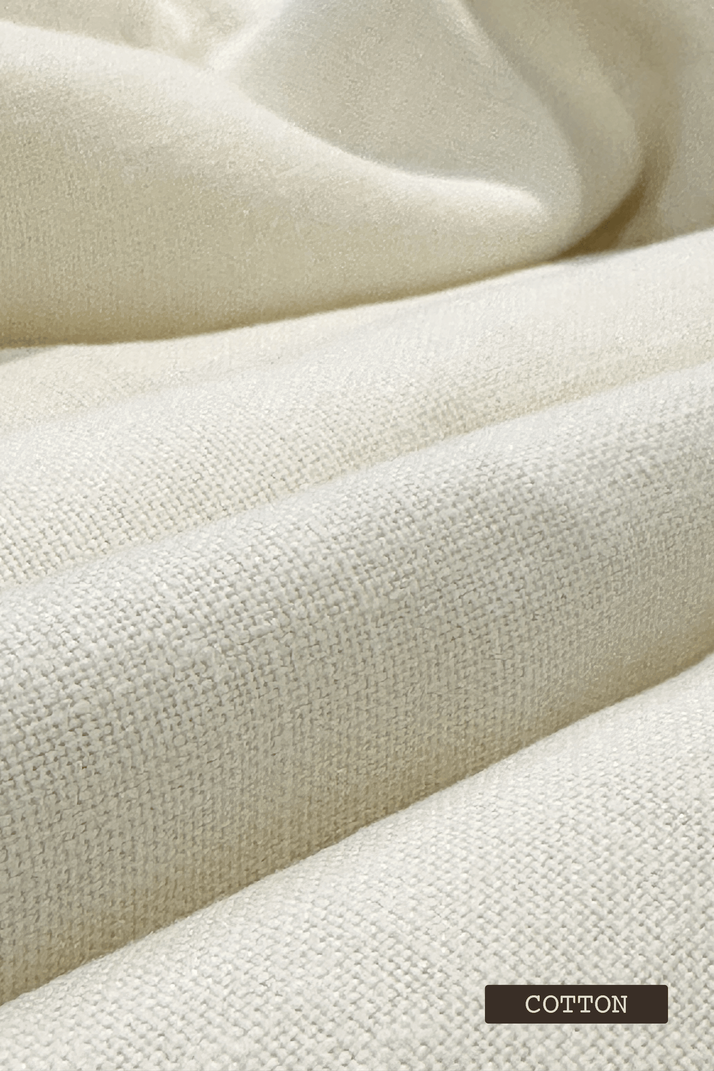 Close-up of textured Linen white fabric with a label indicating 'Cotton' colour.