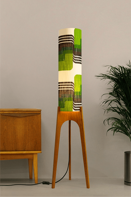 Fern - Archie Rocket floor lamp with handmade wooden base and handcrafted lampshade from vintage fabric with retro geometric patterns in green, brown, and white.