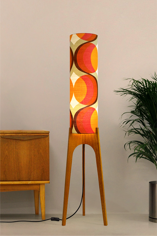 Gigi - Handcrafted wooden Rocket floor lamp with a unique design, handmade lampshade from 70's vintage fabric in Orange, Pink & Brown