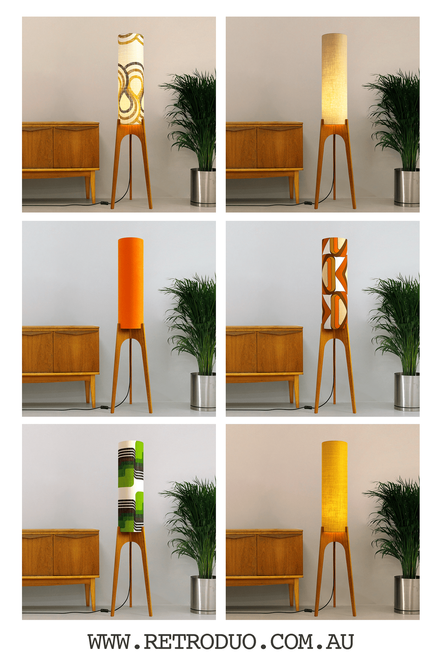 Collage of Archie Rocket Floor lamp collections with a geometric design in various settings.
