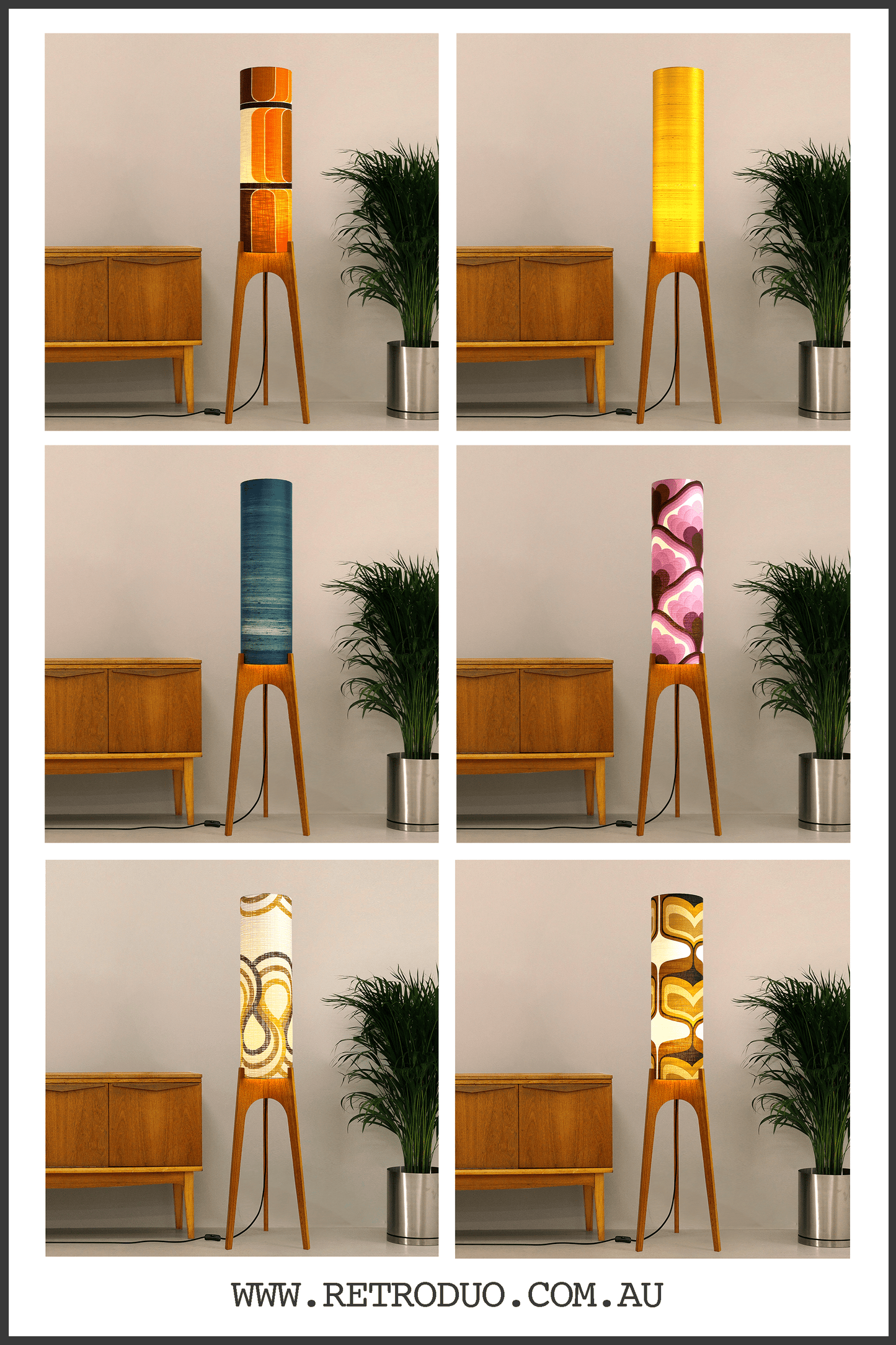 A collage of a mixture of Archie Rocket Floor Lamp design with various colours and patterns of lampshades.