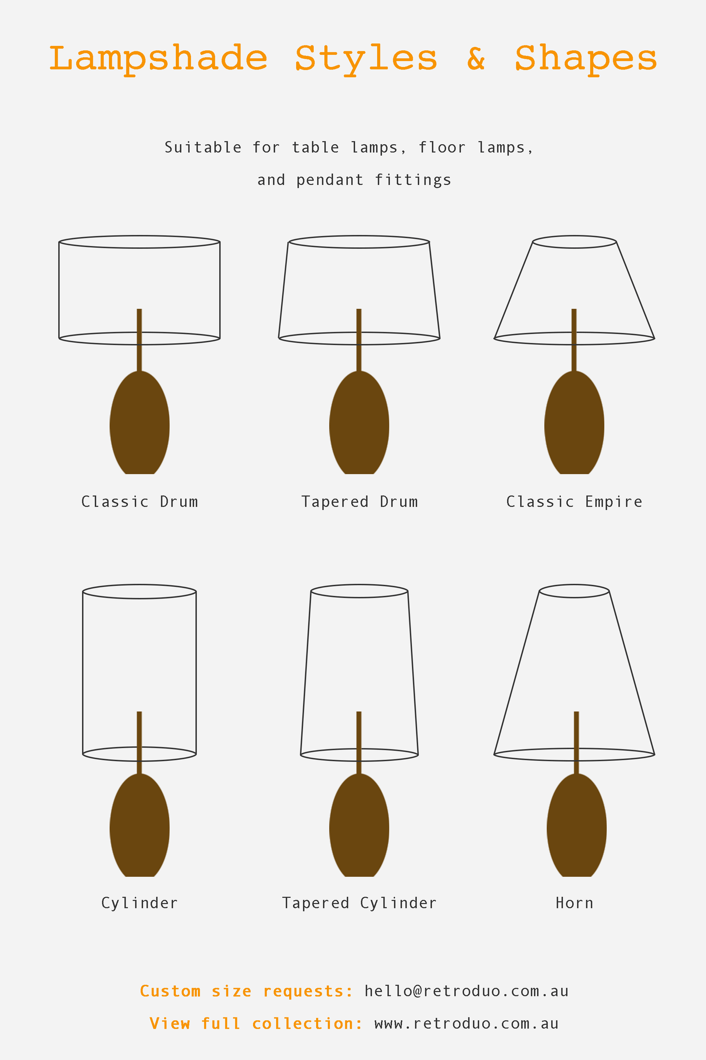 Diagram of different lampshade styles and shapes suitable for various lamps.