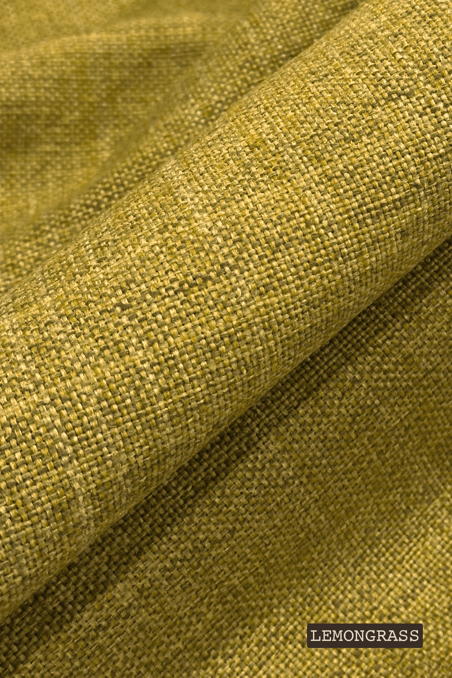 Close-up of green fabric with 'Lemongrass' label