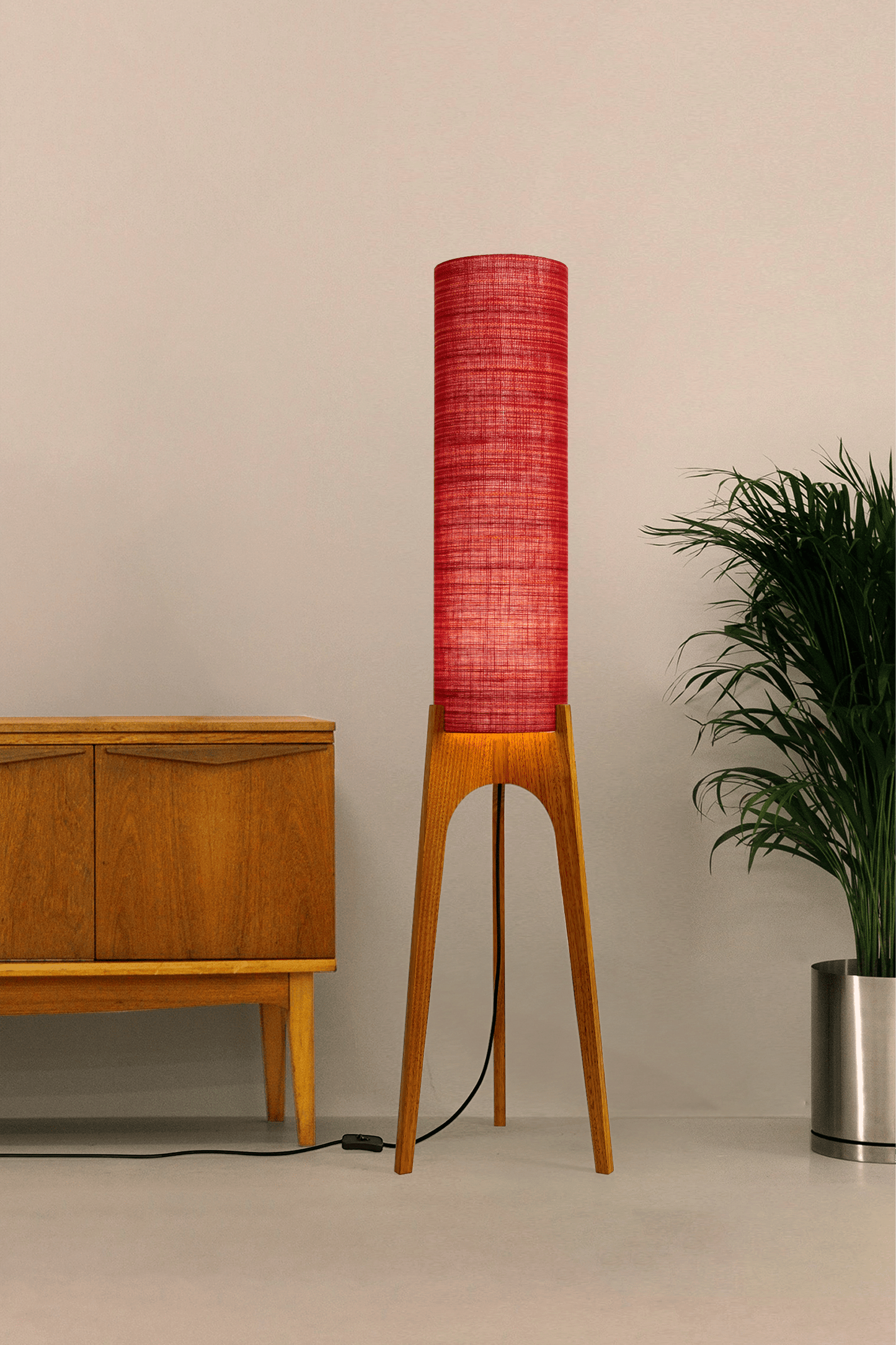 Rocket Floor Lamp with Red Open Weave lampshade, recycled from vintage curtains, with a wooden lamp base on a neutral background