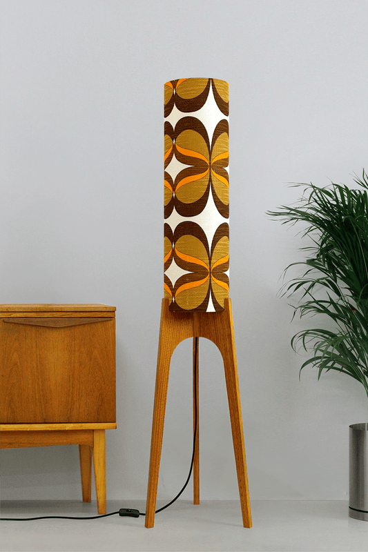 Lola - Handcrafted wooden Rocket floor lamp with a unique design, handmade lampshade from 70's vintage fabric in mustard and brown.