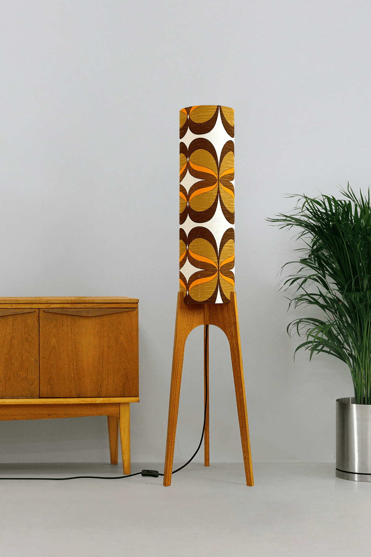 Lola - Handcrafted wooden Rocket floor lamp with a unique design, handmade lampshade from 70's vintage fabric in mustard and brown.