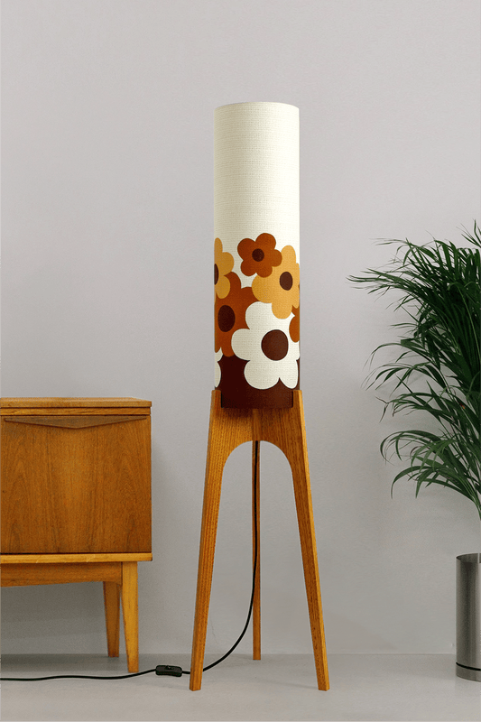 Handmade Rocket Floor Lamp with a floral design lampshade made with vintage fabric on a neutral background