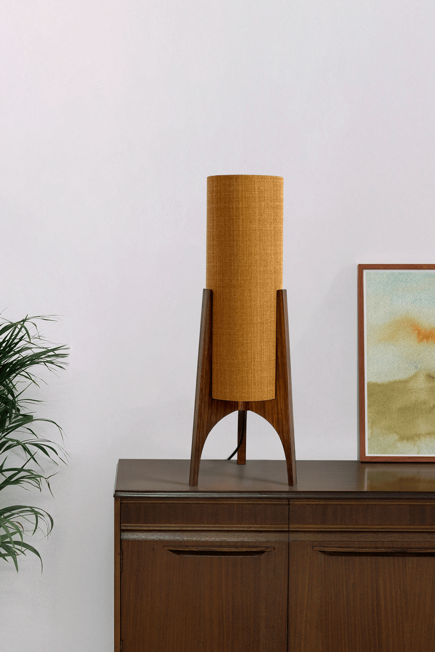 Archie Rocket Table lamp with handmade wooden base and recycled fabric shade in Warm Autumn Weave Colour Shade