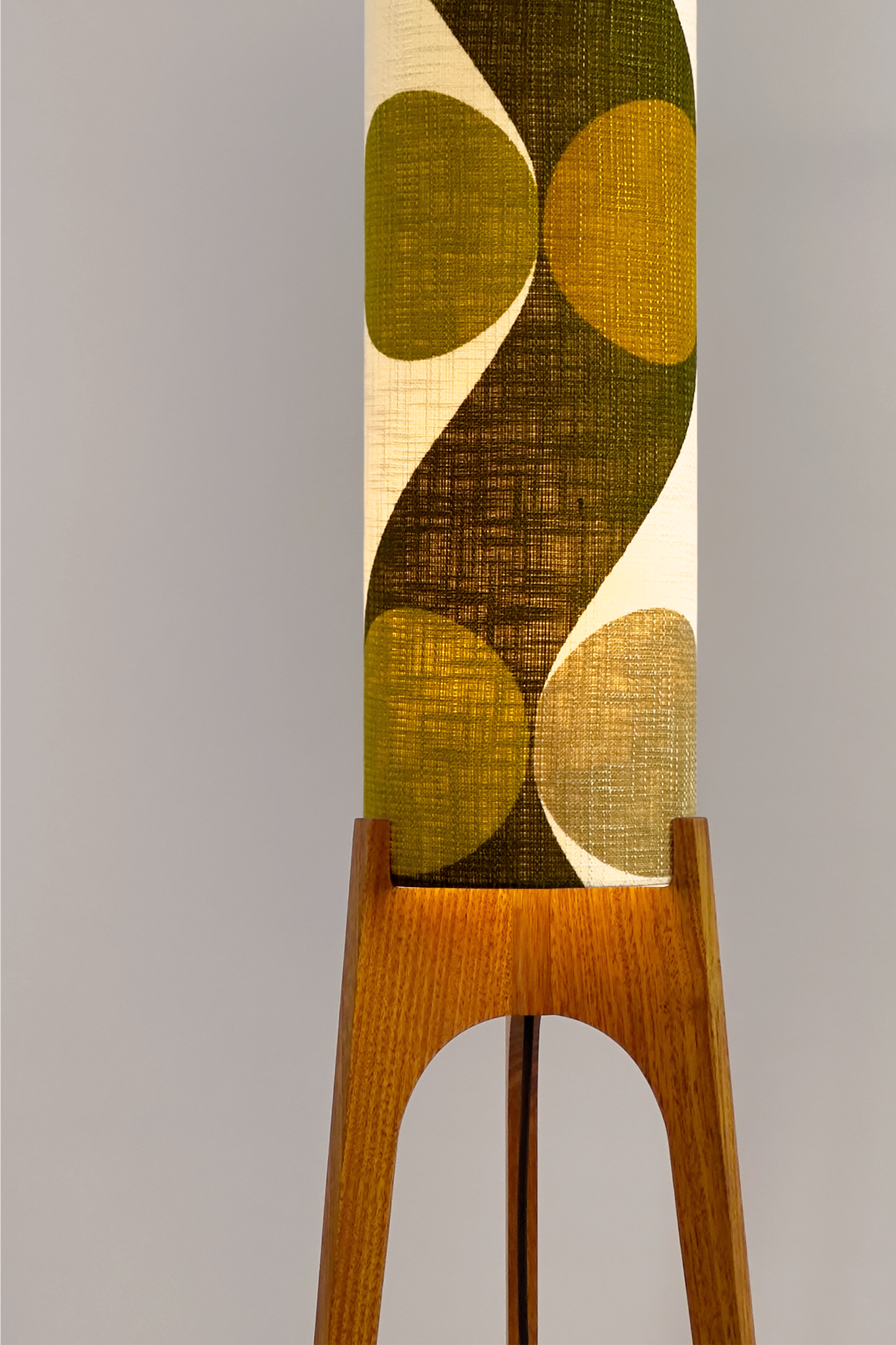 Olli - Archie Rocket Floor Lamp handmade by Retro Duo, from vintage geometric patterned fabric lampshade and wooden lamp base.