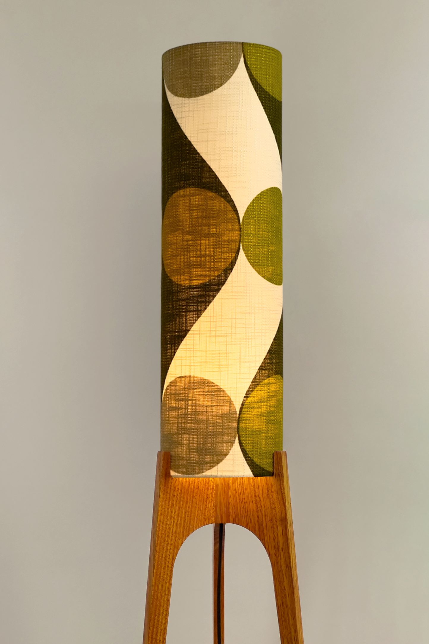 Olli - Archie Rocket Floor Lamp handmade by Retro Duo, from vintage geometric patterned fabric lampshade and wooden lamp base.