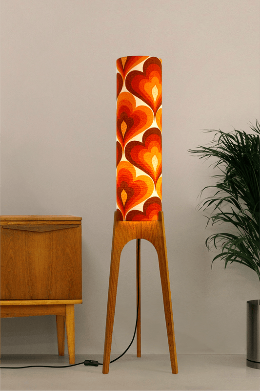 70s Love - Archie Rocket floor lamp with a vibrant orange and red heart-patterned shade made with authentic vintage fabric