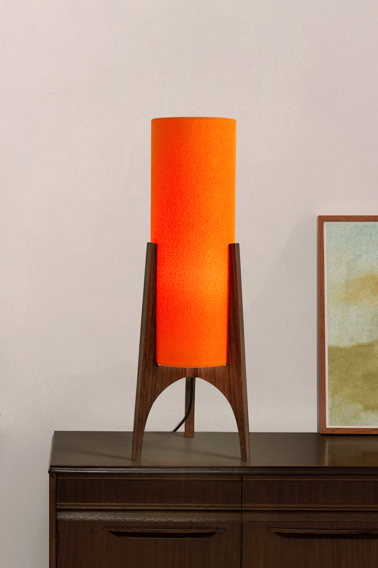 Orange Archie Rocket Table lamp with a handmade wooden base and recycled fabric shade.