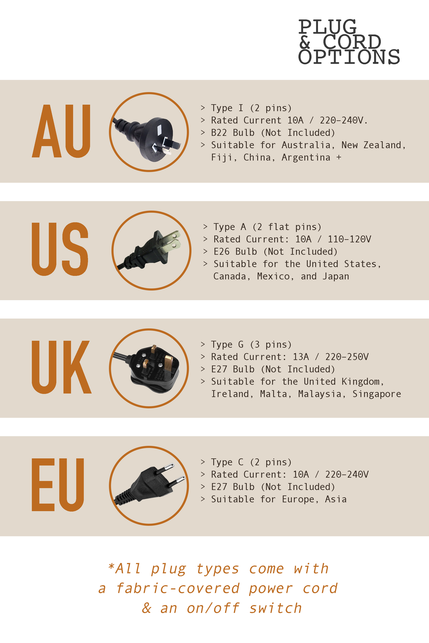 Archie Rocket Lamp - Plug Type available in AU/US/UK & EU - comes with fabric covered power cord & on/off switch