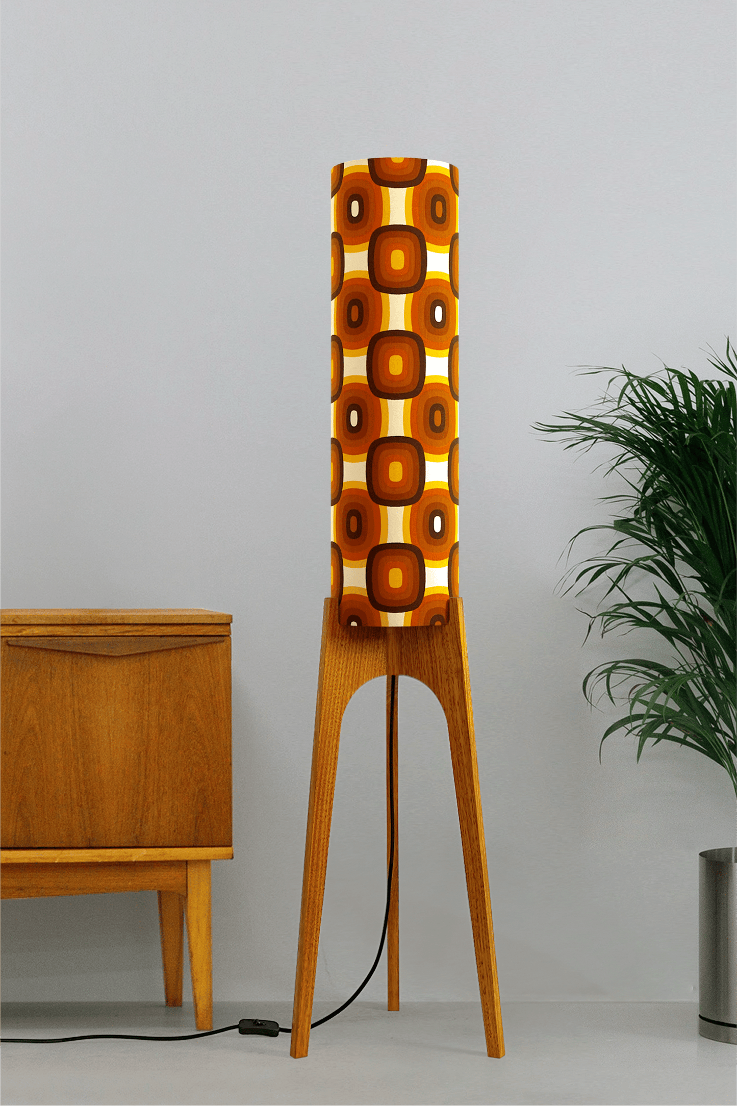 Sonny - Archie Rocket Floor Lamp with handmade lampshade from vintage fabric in retro geometric patterned and wooden lampbase handcrafted from Oak