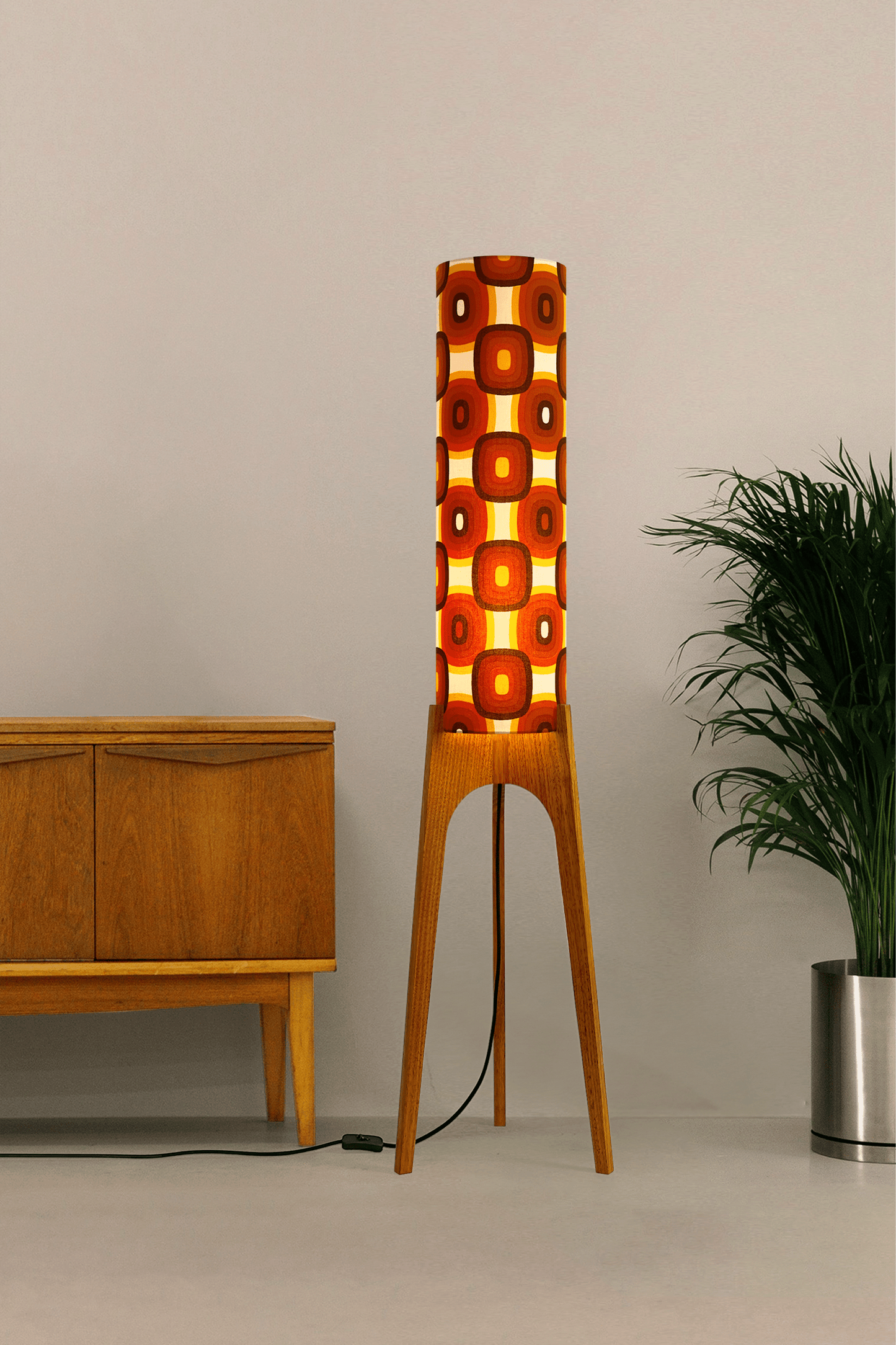 Sonny - Archie Rocket Floor Lamp with handmade lampshade from vintage fabric in retro geometric patterned and wooden lampbase handcrafted from Oak