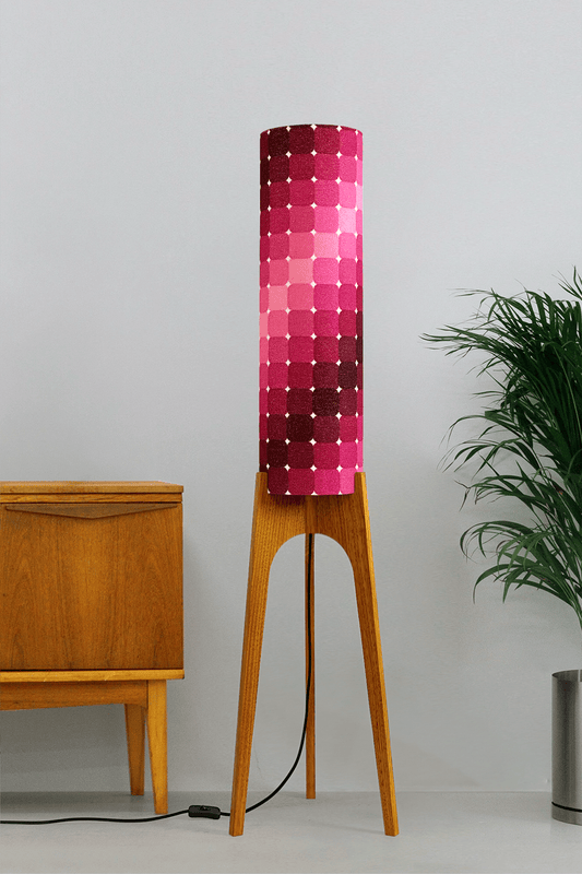 Roxy - Handcrafted wooden Rocket floor lamp with a unique design, handmade lampshade from 70's vintage fabric in in graduating shades of blush pink, raspberry, berry and deep burgundy.