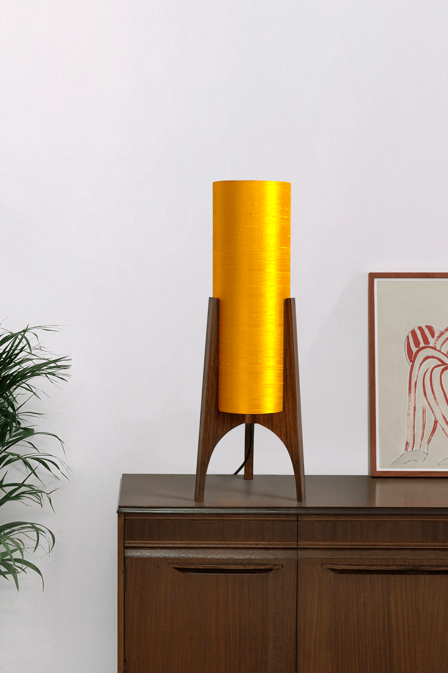 Handmade Wooden Rocket Table Lamp with cylindrical handmade lampshade in premium raw silk, available in Saffron, Marigold, and Hibiscus colour options