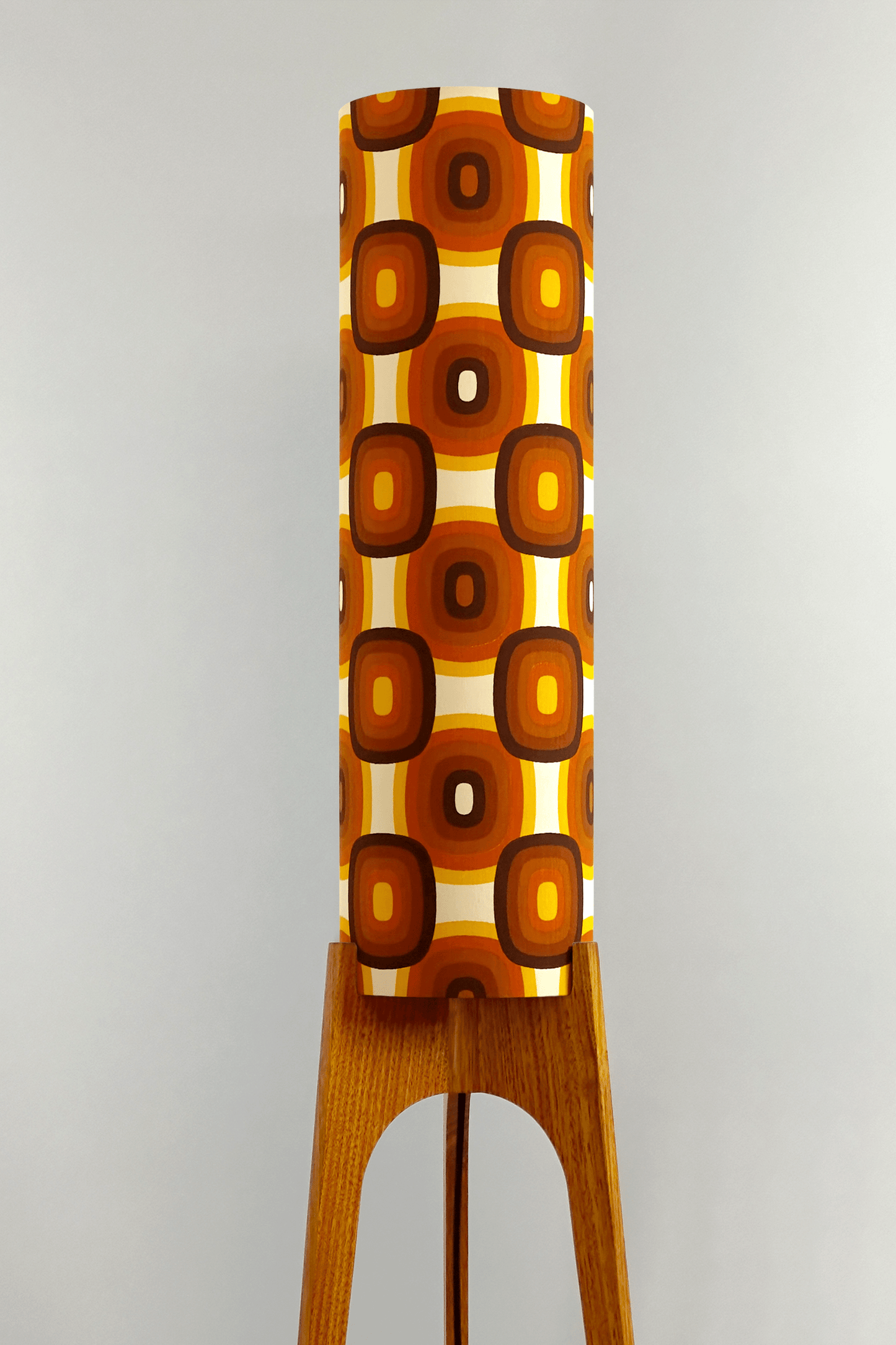 Sonny - Archie Rocket Floor Lamp with handmade lampshade from vintage fabric in retro geometric patterned and wooden lampbase handcrafted from Oak