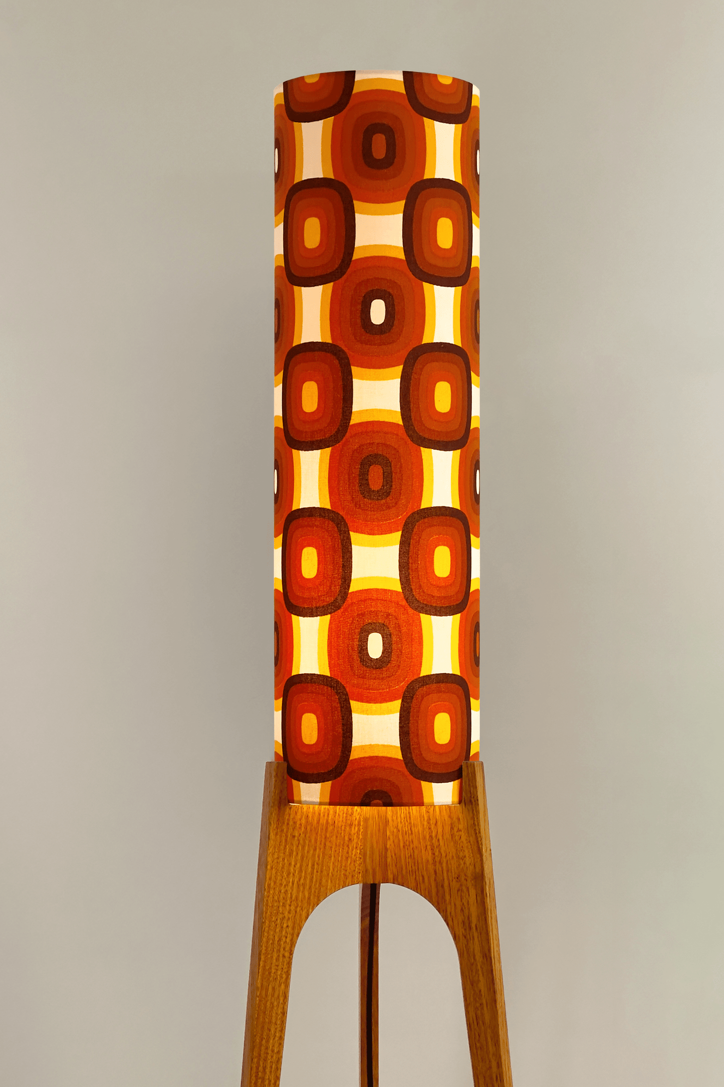 Sonny - Archie Rocket Floor Lamp with handmade lampshade from vintage fabric in retro geometric patterned and wooden lampbase handcrafted from Oak