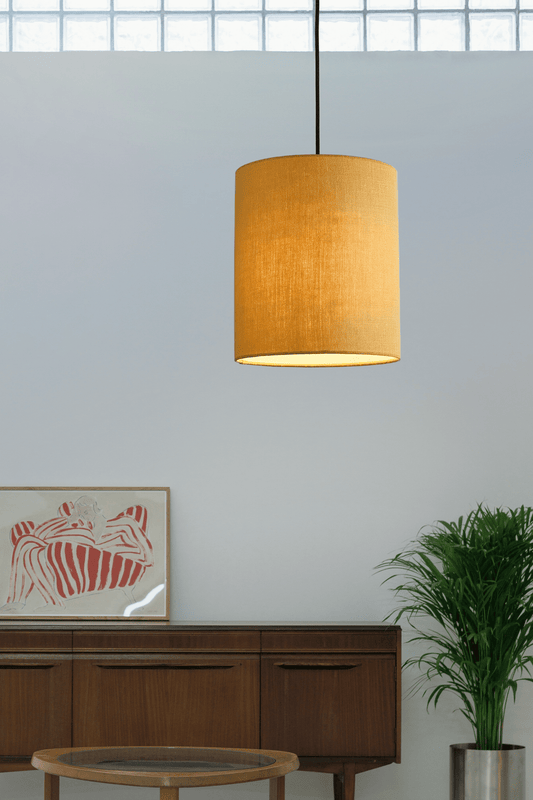 Earth-Tone | Drum Handmade Lampshade in Premium Linen. Available in Wheat, Nectar, Tussock, Mocha, and Camel — all from the Linia – Davina Collection by Warwick Fabrics.