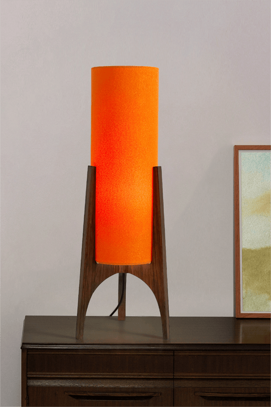 Encore - Recycled Fabric | Archie Rocket Table Lamp in Orange with lights on