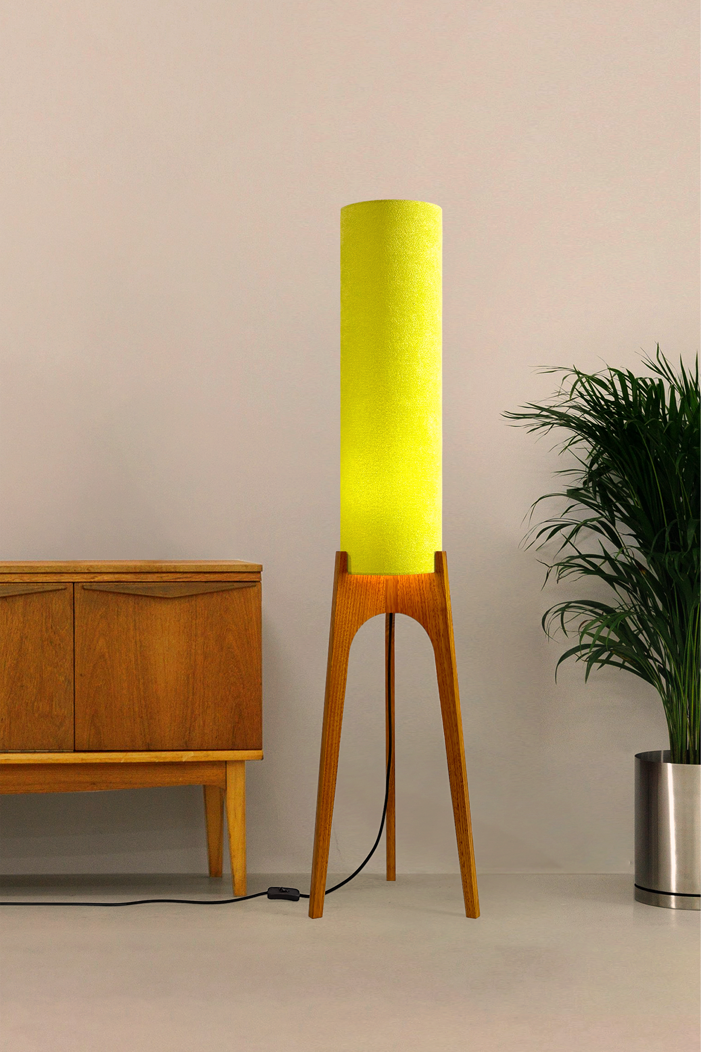 Handmade Archie Rocket Floor Lamp with a cylindrical lampshade in Avocado & a wooden base.