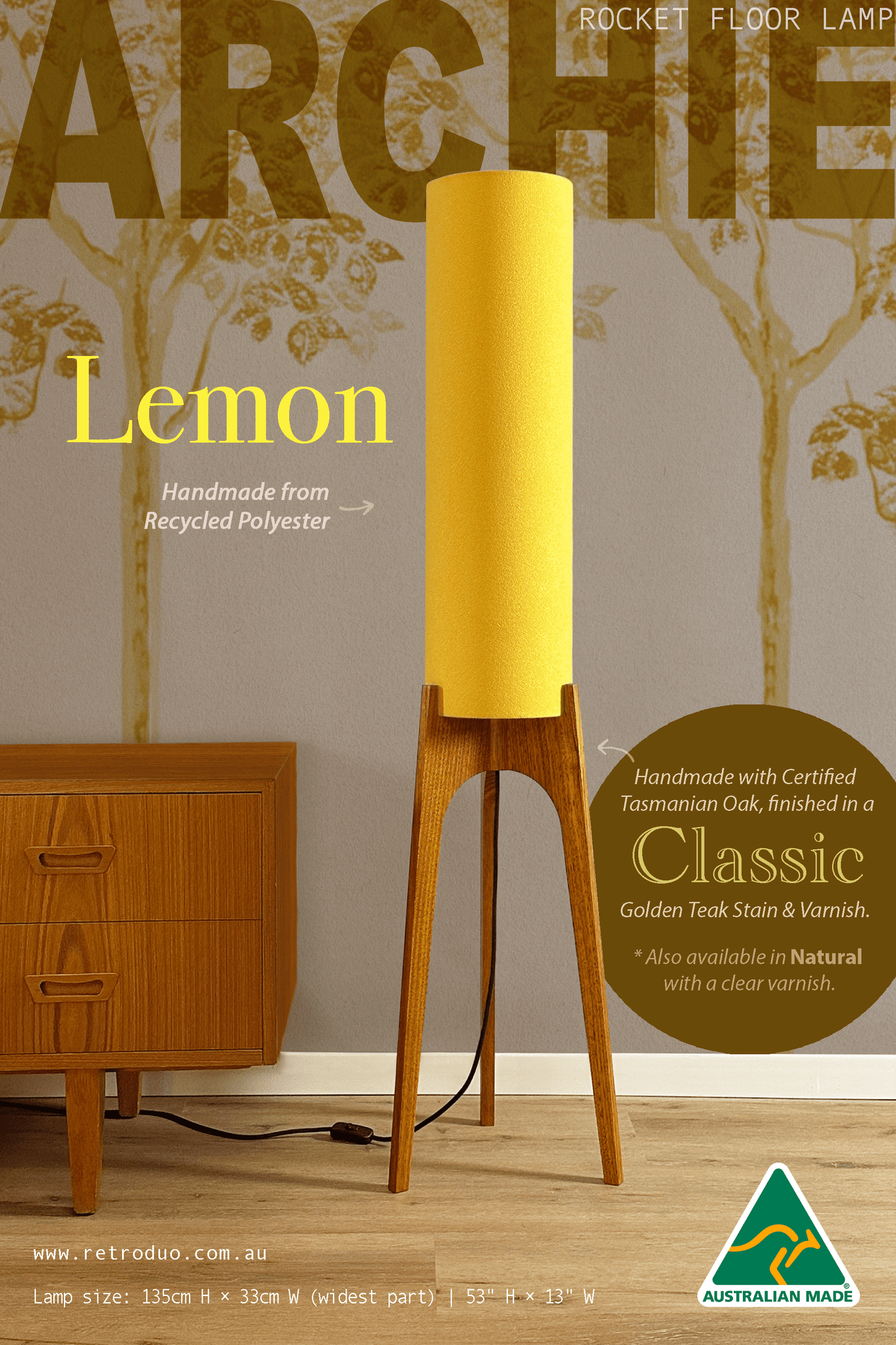 Lemon - Recycled Fabric | Archie Rocket Floor Lamp - Mid - Century Modern inspired handmade Floor Lamp by Retro Duo.
