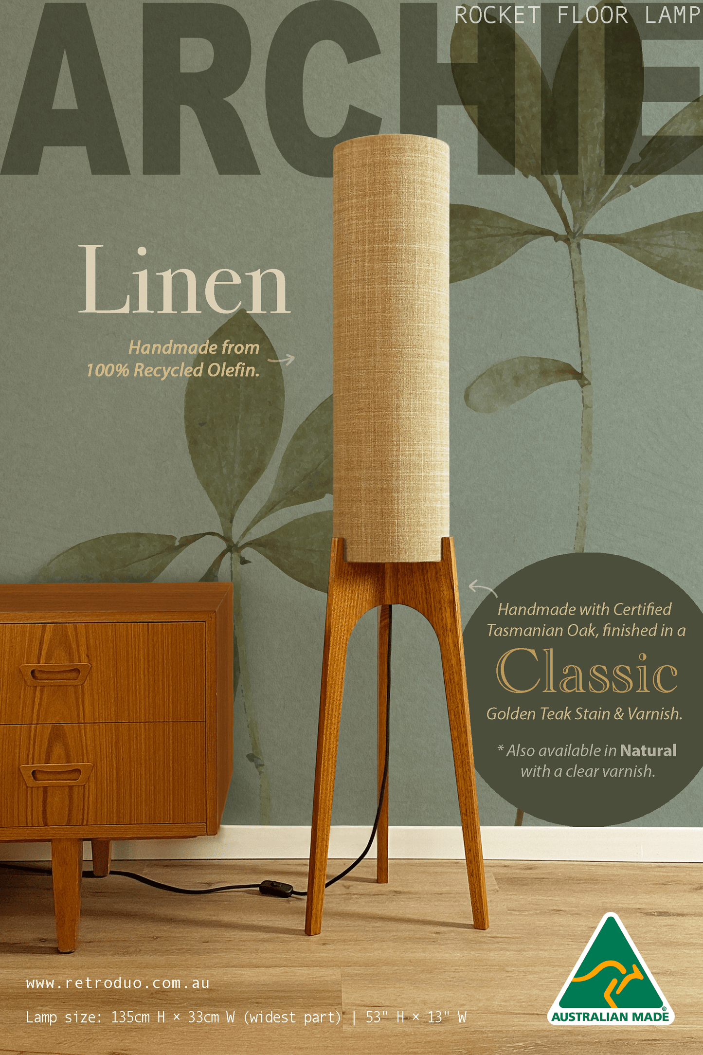 Linen - Recycled Fabric | Archie Rocket Floor Lamp - Mid - Century Modern inspired handmade Floor Lamp by Retro Duo.