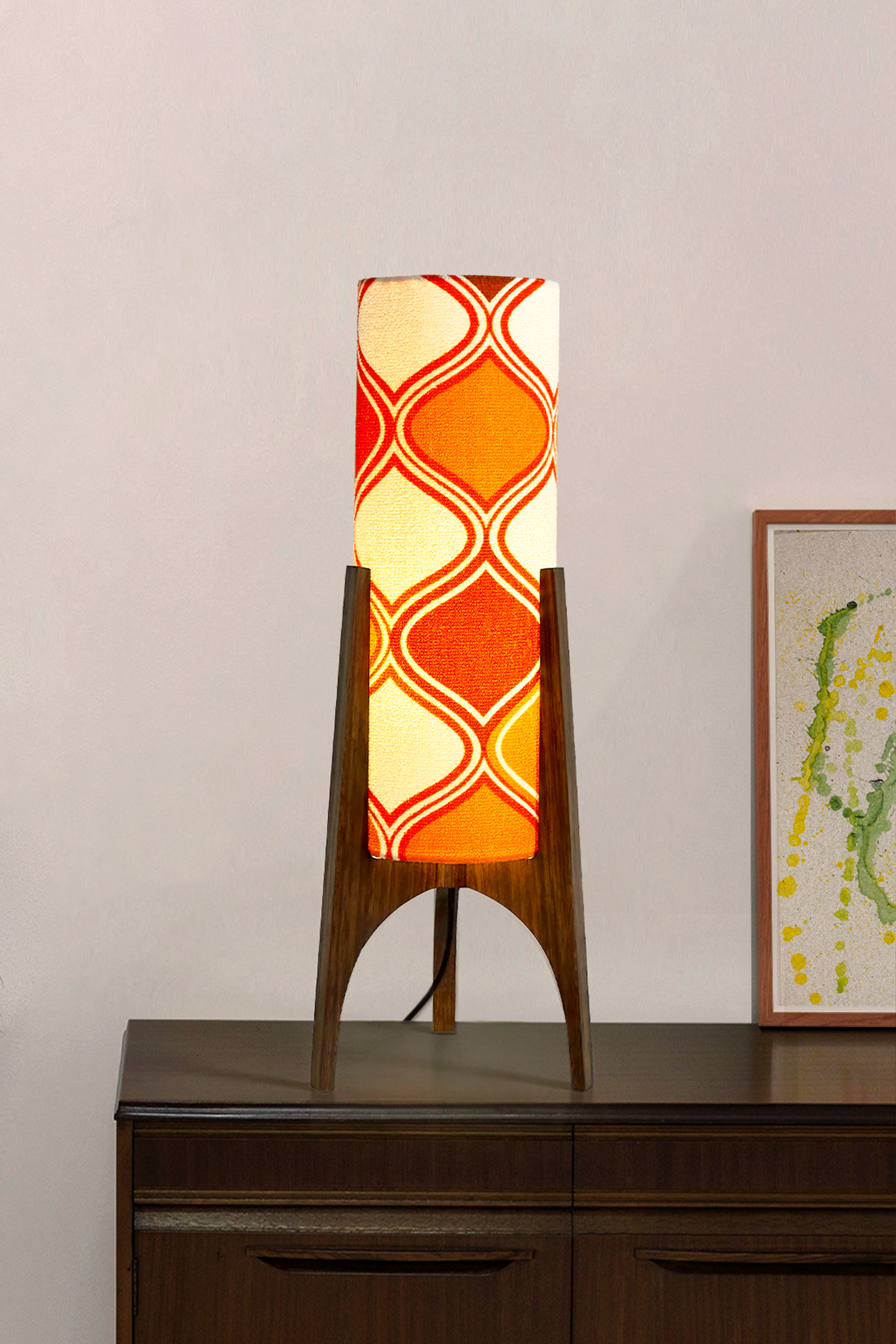 Handmade Archie Rocket Table Lamp with orange & brown geometric patterns lampshade made from vintage terry cloth and hardwood base