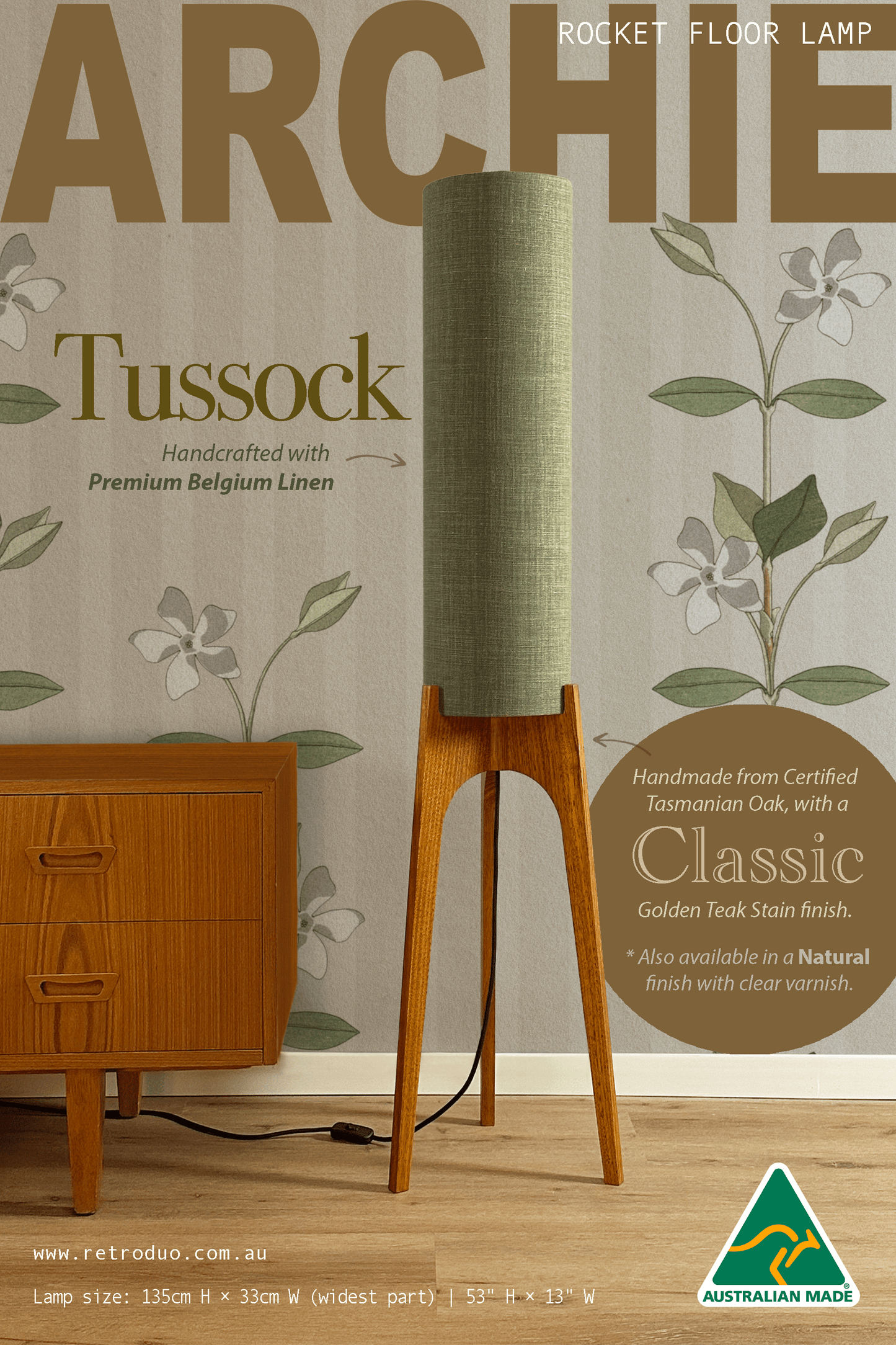 Tussock - Premium Linen | Archie Rocket Floor Lamp - Mid - Century Modern inspired handmade Floor Lamp by Retro Duo.