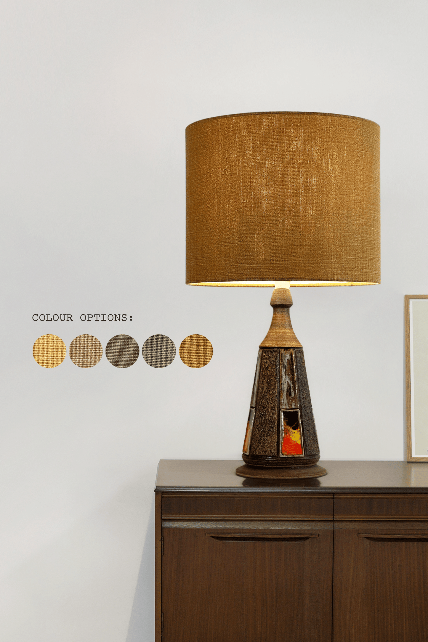 Earth-Tone | Drum Handmade Lampshade in Premium Linen. Available in Wheat, Nectar, Tussock, Mocha, and Camel — all from the Linia – Davina Collection by Warwick Fabrics.