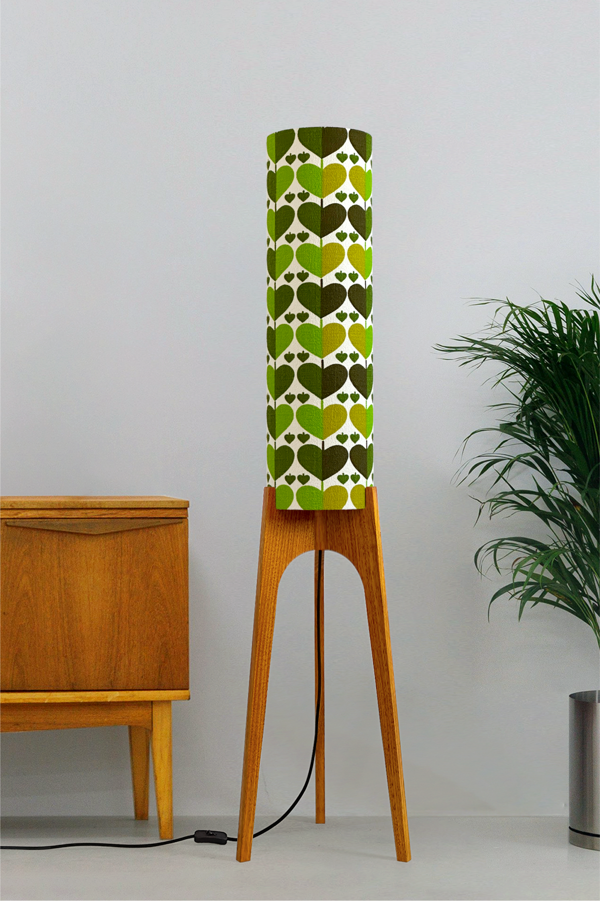 Alfie - Handcrafted wooden Rocket floor lamp with a unique design, handmade lampshade from 70's vintage fabric in vibrant lime, olive green and earthy brown.