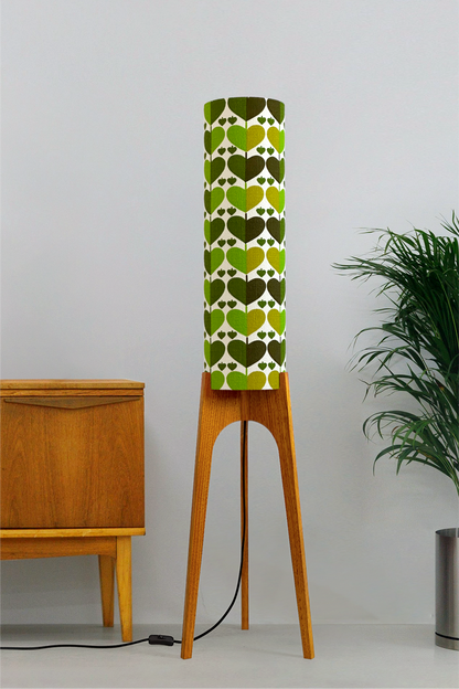 Alfie - Handcrafted wooden Rocket floor lamp with a unique design, handmade lampshade from 70's vintage fabric in vibrant lime, olive green and earthy brown.