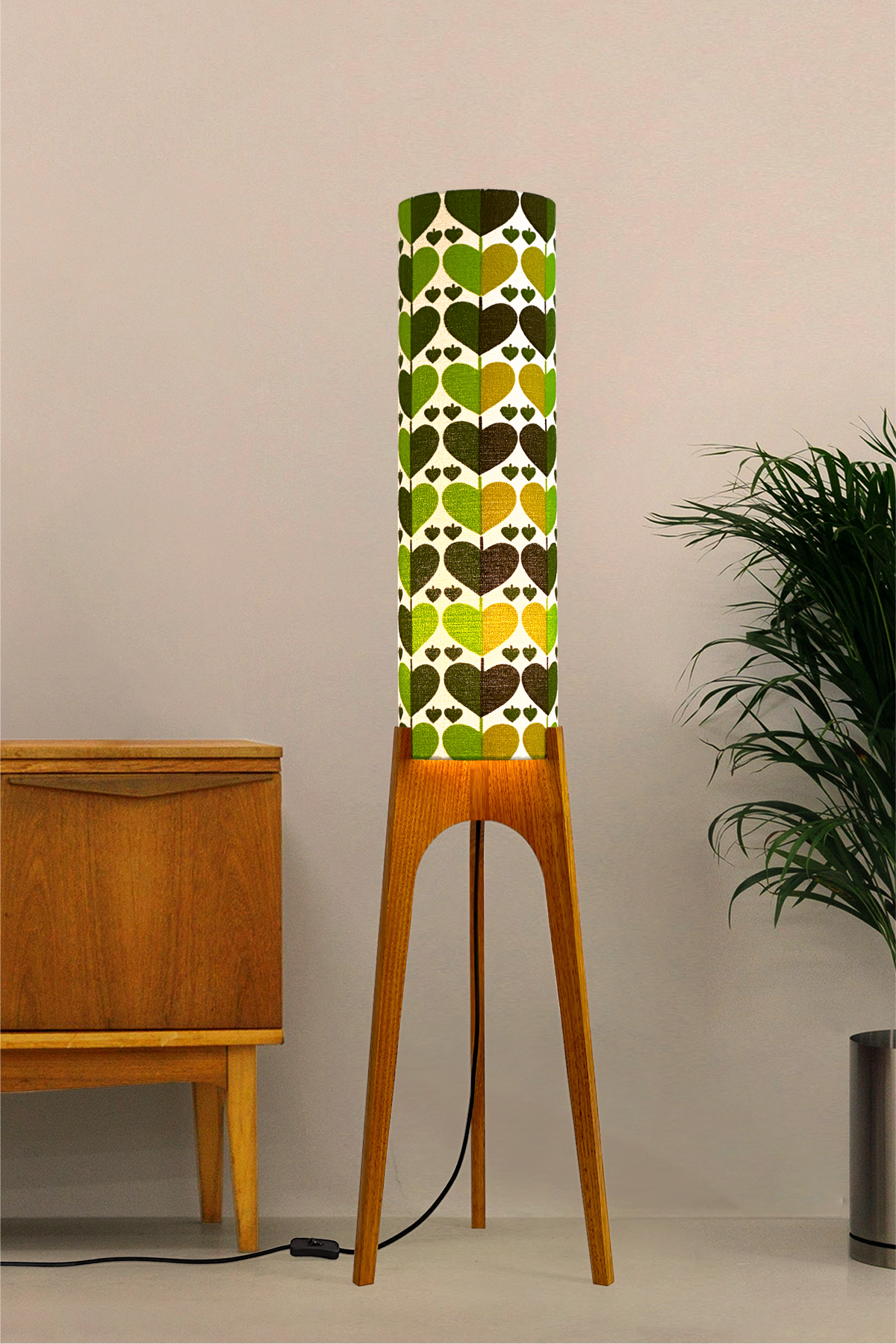 Alfie - Handcrafted wooden Rocket floor lamp with a unique design, handmade lampshade from 70's vintage fabric in vibrant lime, olive green and earthy brown.