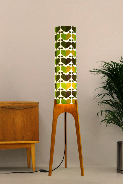 Alfie - Handcrafted wooden Rocket floor lamp with a unique design, handmade lampshade from 70's vintage fabric in vibrant lime, olive green and earthy brown.