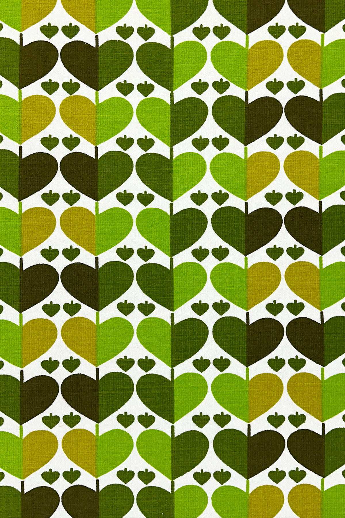 Alfie - authentic vintage geometric fabric with heart-like motif in shades of apple green, moss and warm forest green 