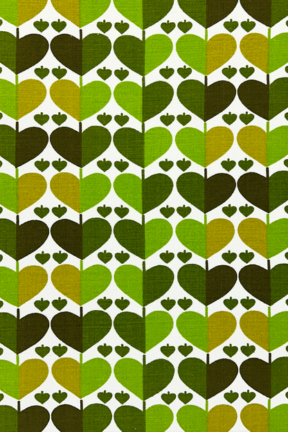 Alfie - authentic vintage geometric fabric with heart-like motif in shades of apple green, moss and warm forest green 