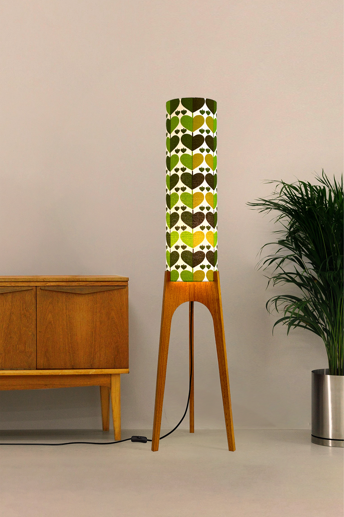 Alfie - Handcrafted wooden Rocket floor lamp with a unique design, handmade lampshade from 70's vintage fabric in vibrant lime, olive green and earthy brown.