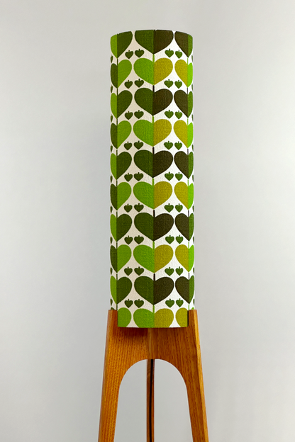 Alfie - Handcrafted wooden Rocket floor lamp with a unique design, handmade lampshade from 70's vintage fabric in vibrant lime, olive green and earthy brown.
