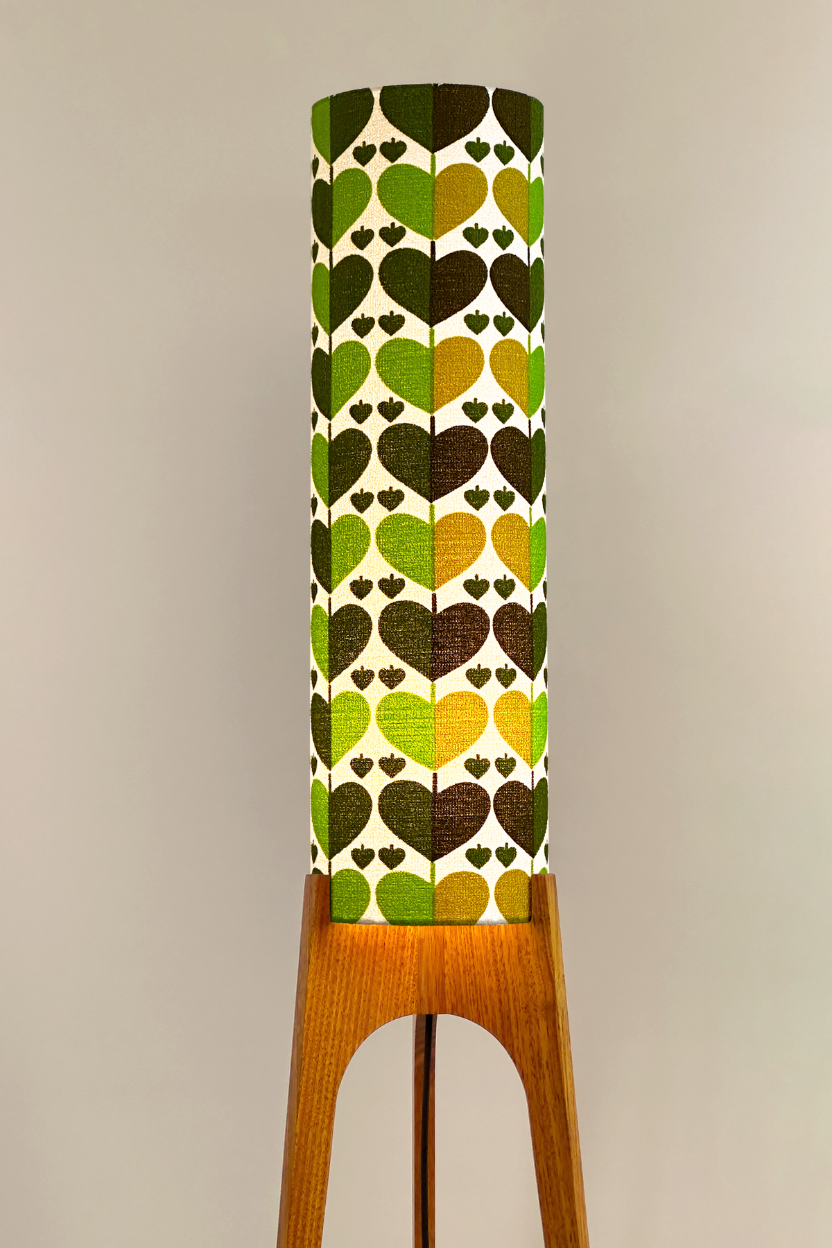 Alfie - Handcrafted wooden Rocket floor lamp with a unique design, handmade lampshade from 70's vintage fabric in vibrant lime, olive green and earthy brown.