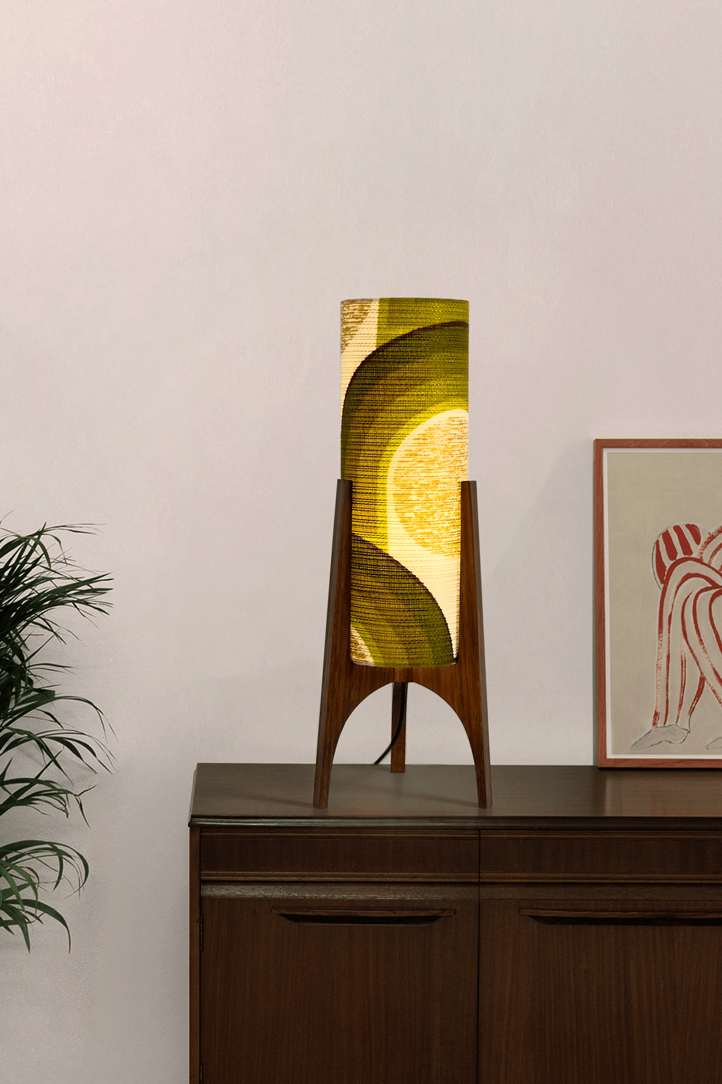 Asher - Archie Rocket Table lamp with a handmade lampshade from vintage geometric patterned and wooden base