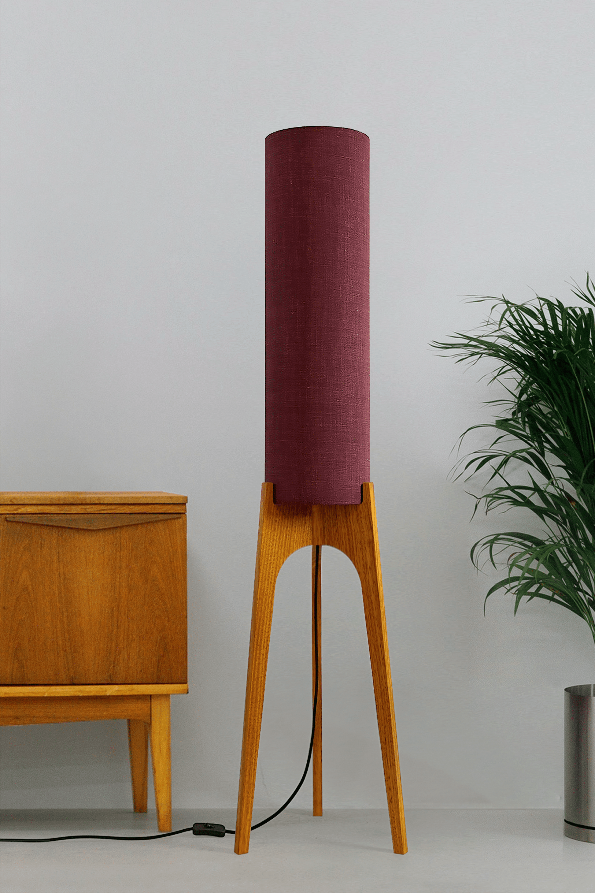 Berry - Archie Rocket Floor Lamp with a purple cylindrical shade made in premium fabric and a wooden lamp base made with hardwood