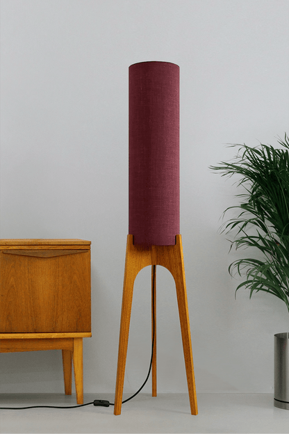 Berry - Archie Rocket Floor Lamp with a purple cylindrical shade made in premium fabric and a wooden lamp base made with hardwood