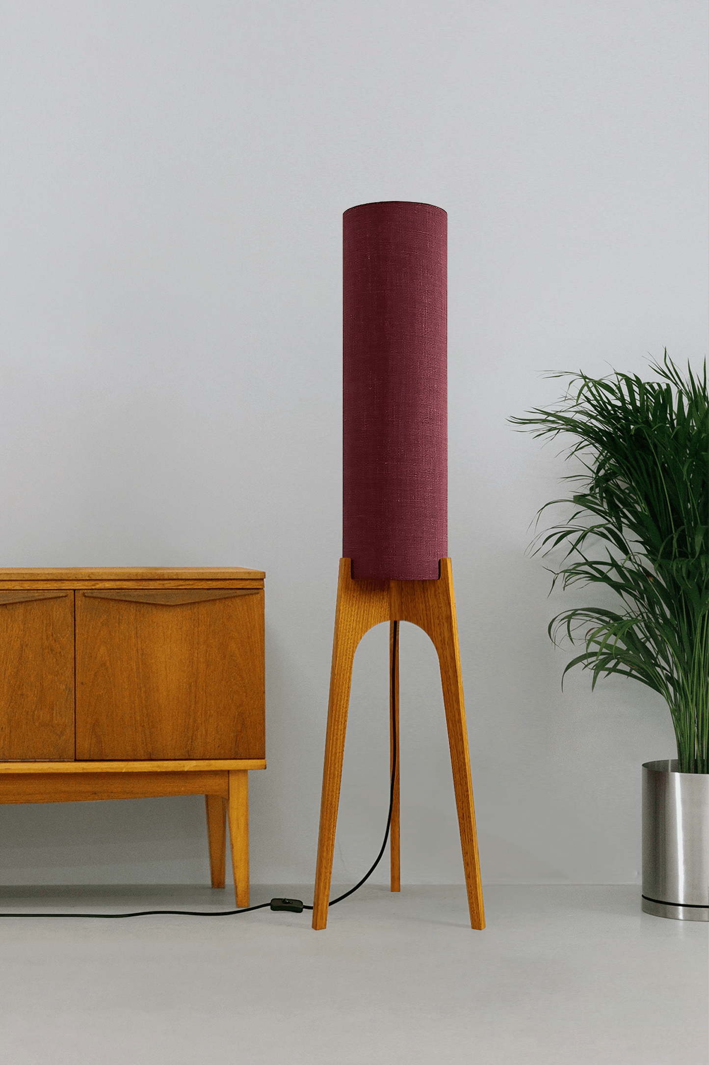 Berry - Archie Rocket Floor Lamp with a purple cylindrical shade made in premium fabric and a wooden lamp base made with hardwood