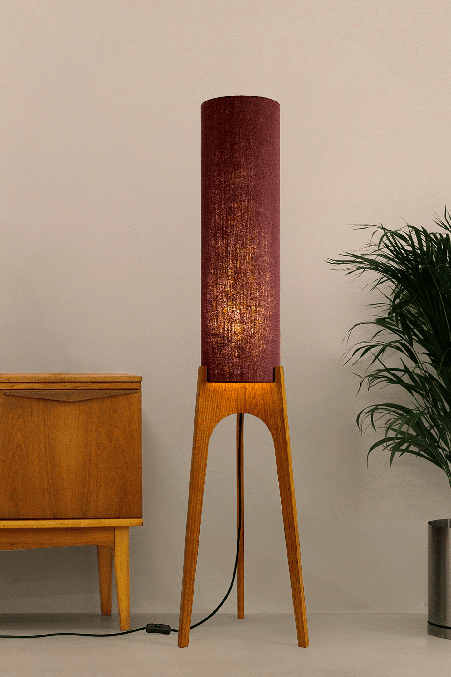 Berry - Archie Rocket Floor Lamp with a purple cylindrical shade made in premium fabric and a wooden lamp base made with hardwood