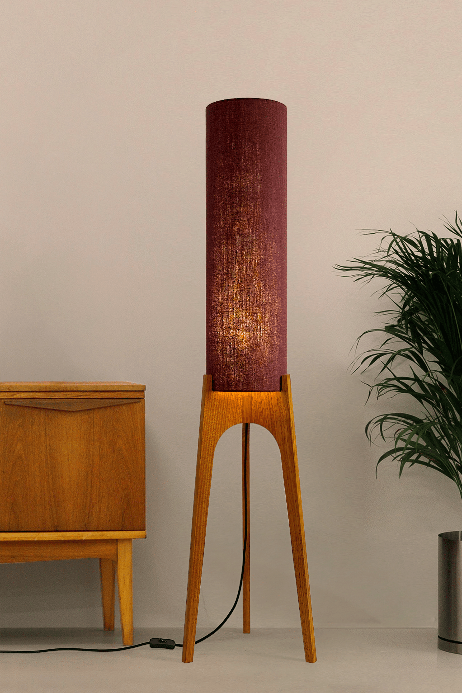 Berry - Archie Rocket Floor Lamp with a purple cylindrical shade made in premium fabric and a wooden lamp base made with hardwood