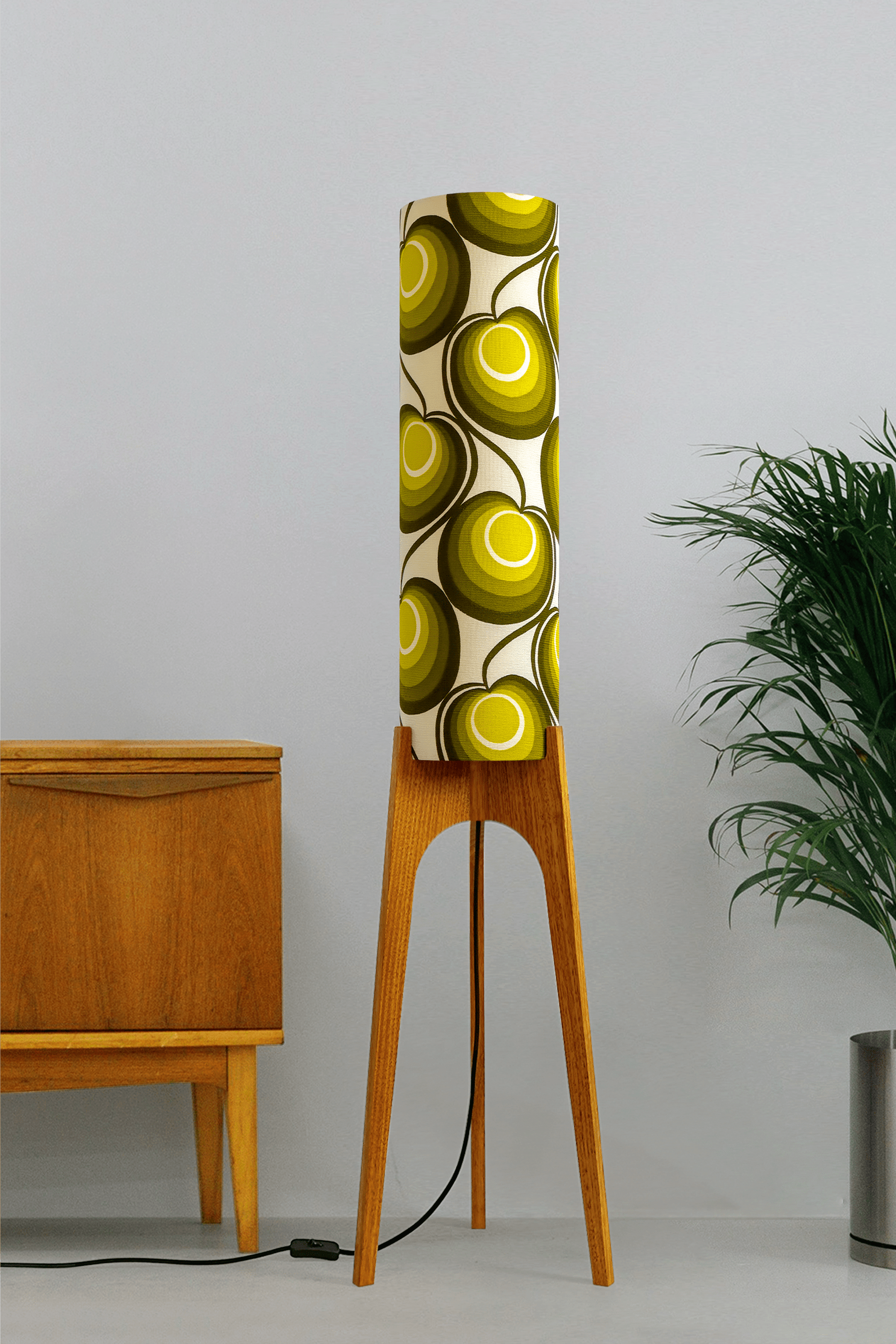 Billie - Archie Rocket Floor Lamp with handmade lampshade from vintage fabric in retro geometric patterned and wooden lampbase handcrafted from Hardwood.