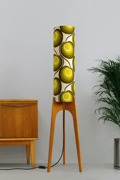 Billie - Archie Rocket Floor Lamp with handmade lampshade from vintage fabric in retro geometric patterned and wooden lampbase handcrafted from Hardwood.